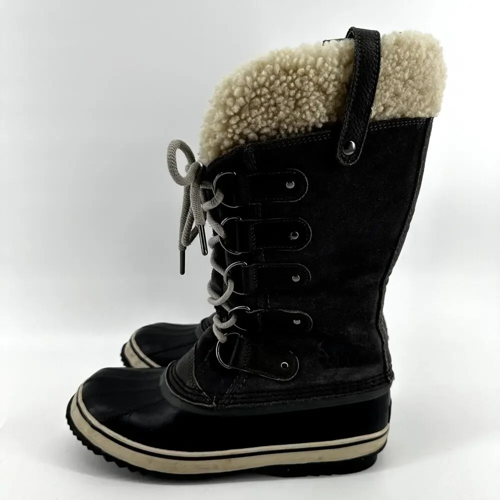 Sorel Joan of Arctic Boots Leather Winter Snow Lace Up Faux Shearling Black 8.5